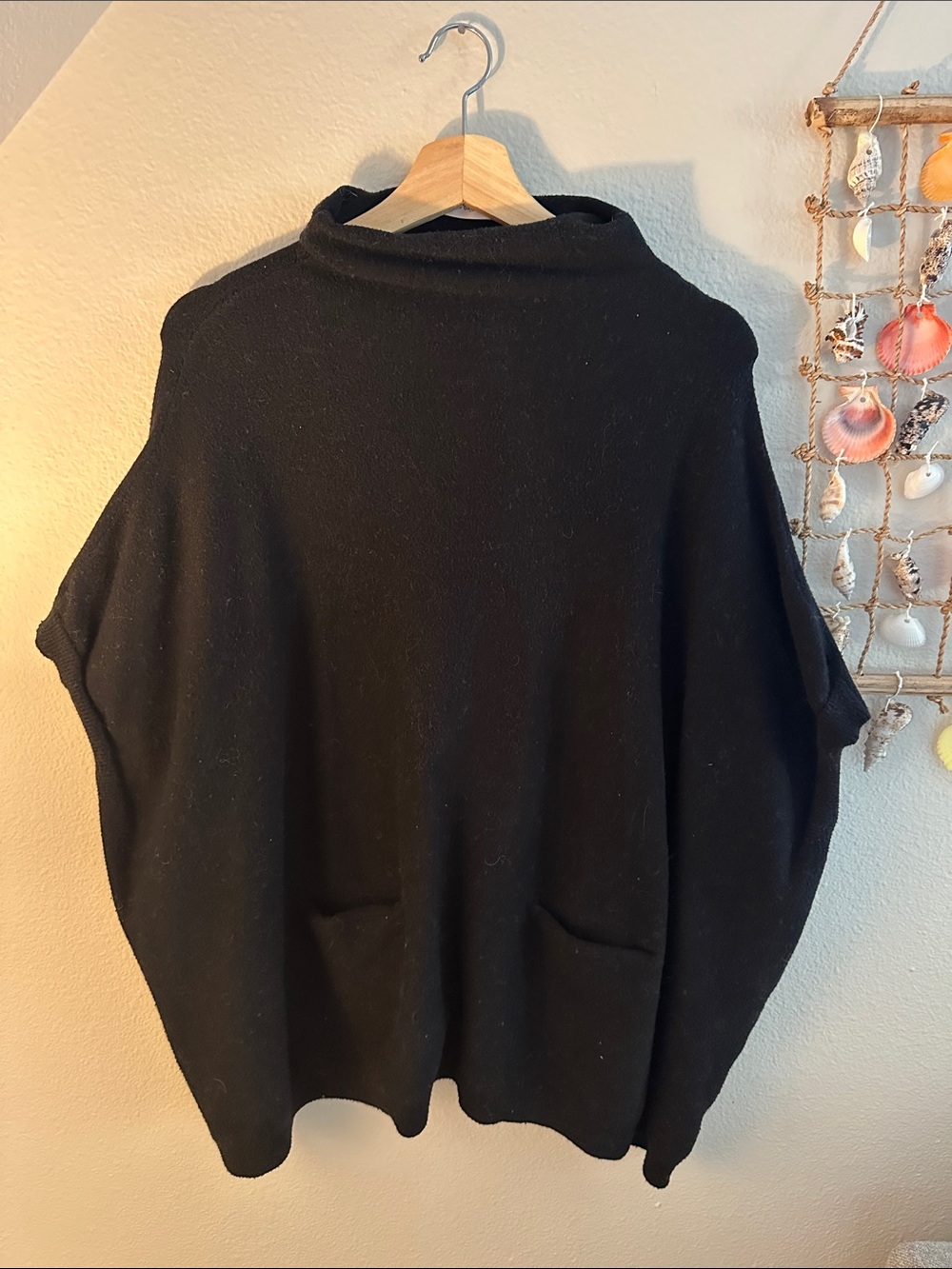 Black Cowl-Neck Sweater Poncho with Front Pockets